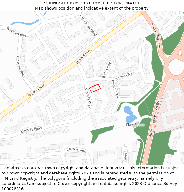 9, KINGSLEY ROAD, COTTAM, PRESTON, PR4 0LT: Location map and indicative extent of plot