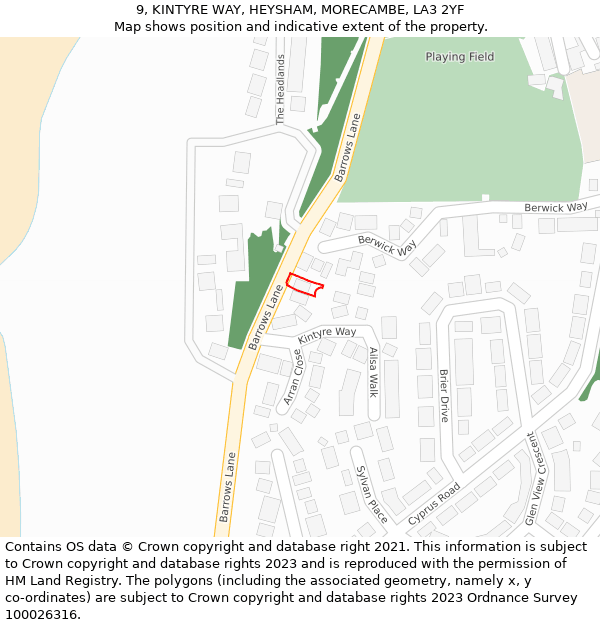 9, KINTYRE WAY, HEYSHAM, MORECAMBE, LA3 2YF: Location map and indicative extent of plot