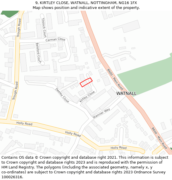 9, KIRTLEY CLOSE, WATNALL, NOTTINGHAM, NG16 1FX: Location map and indicative extent of plot