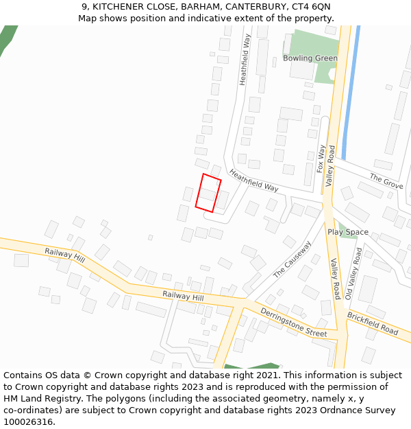 9, KITCHENER CLOSE, BARHAM, CANTERBURY, CT4 6QN: Location map and indicative extent of plot