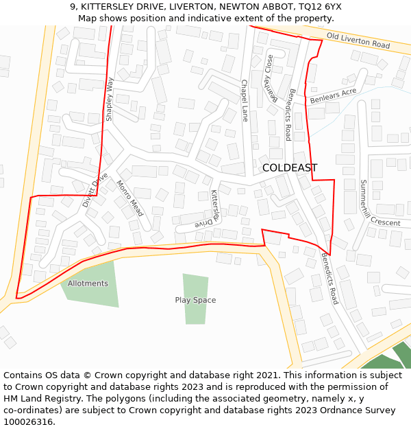 9, KITTERSLEY DRIVE, LIVERTON, NEWTON ABBOT, TQ12 6YX: Location map and indicative extent of plot