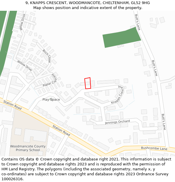 9, KNAPPS CRESCENT, WOODMANCOTE, CHELTENHAM, GL52 9HG: Location map and indicative extent of plot