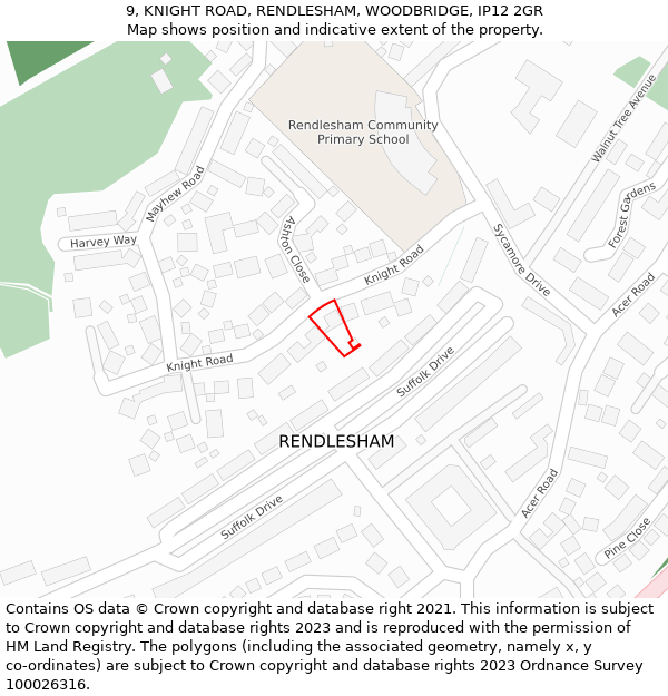9, KNIGHT ROAD, RENDLESHAM, WOODBRIDGE, IP12 2GR: Location map and indicative extent of plot