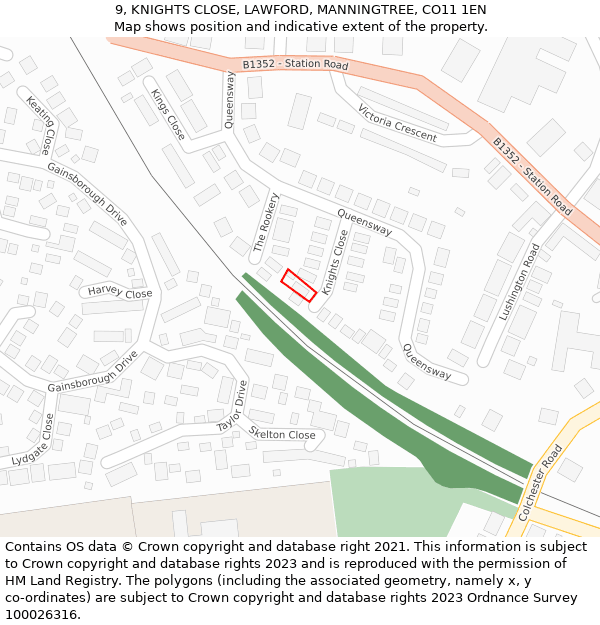 9, KNIGHTS CLOSE, LAWFORD, MANNINGTREE, CO11 1EN: Location map and indicative extent of plot