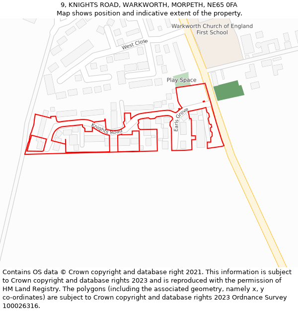 9, KNIGHTS ROAD, WARKWORTH, MORPETH, NE65 0FA: Location map and indicative extent of plot