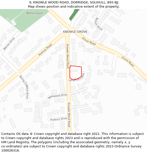 9, KNOWLE WOOD ROAD, DORRIDGE, SOLIHULL, B93 8JJ: Location map and indicative extent of plot