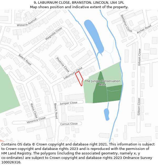 9, LABURNUM CLOSE, BRANSTON, LINCOLN, LN4 1PL: Location map and indicative extent of plot