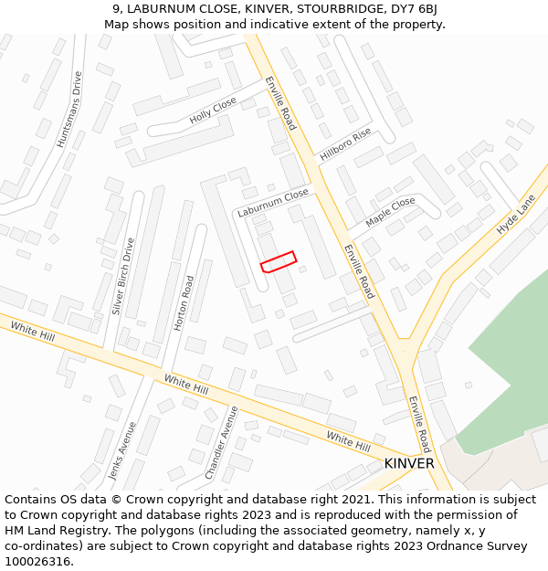 9, LABURNUM CLOSE, KINVER, STOURBRIDGE, DY7 6BJ: Location map and indicative extent of plot