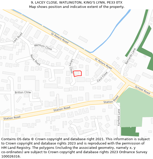 9, LACEY CLOSE, WATLINGTON, KING'S LYNN, PE33 0TX: Location map and indicative extent of plot