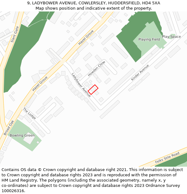 9, LADYBOWER AVENUE, COWLERSLEY, HUDDERSFIELD, HD4 5XA: Location map and indicative extent of plot