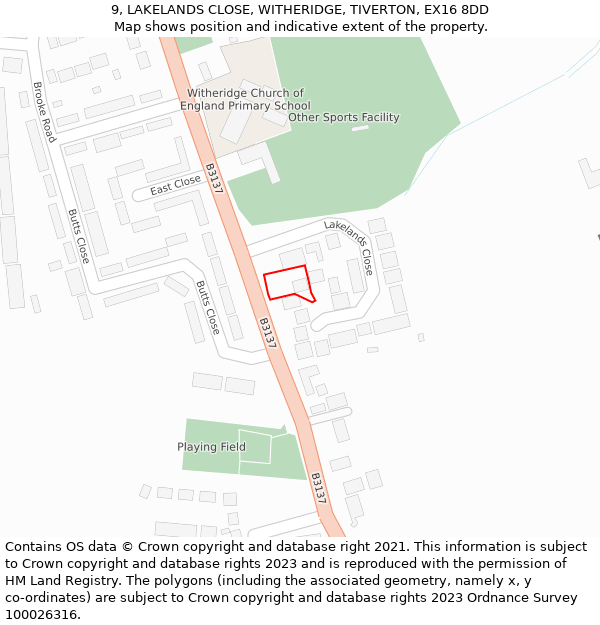 9, LAKELANDS CLOSE, WITHERIDGE, TIVERTON, EX16 8DD: Location map and indicative extent of plot