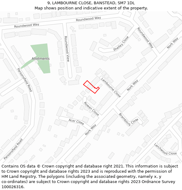 9, LAMBOURNE CLOSE, BANSTEAD, SM7 1DL: Location map and indicative extent of plot