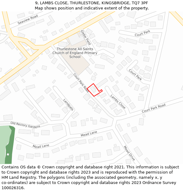 9, LAMBS CLOSE, THURLESTONE, KINGSBRIDGE, TQ7 3PF: Location map and indicative extent of plot