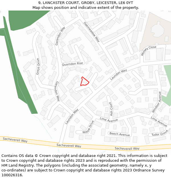 9, LANCASTER COURT, GROBY, LEICESTER, LE6 0YT: Location map and indicative extent of plot