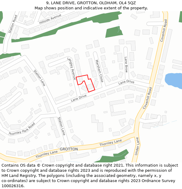 9, LANE DRIVE, GROTTON, OLDHAM, OL4 5QZ: Location map and indicative extent of plot