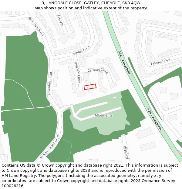 9, LANGDALE CLOSE, GATLEY, CHEADLE, SK8 4QW: Location map and indicative extent of plot