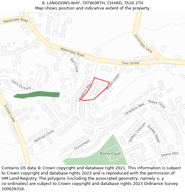 9, LANGDONS WAY, TATWORTH, CHARD, TA20 2TH: Location map and indicative extent of plot