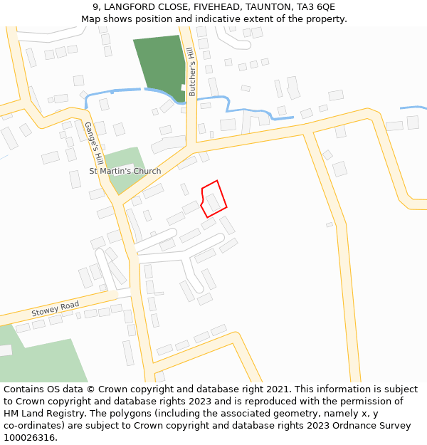 9, LANGFORD CLOSE, FIVEHEAD, TAUNTON, TA3 6QE: Location map and indicative extent of plot