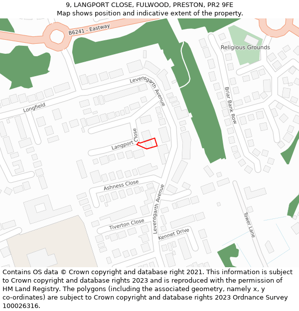 9, LANGPORT CLOSE, FULWOOD, PRESTON, PR2 9FE: Location map and indicative extent of plot
