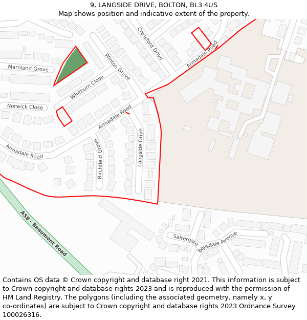 9, LANGSIDE DRIVE, BOLTON, BL3 4US: Location map and indicative extent of plot