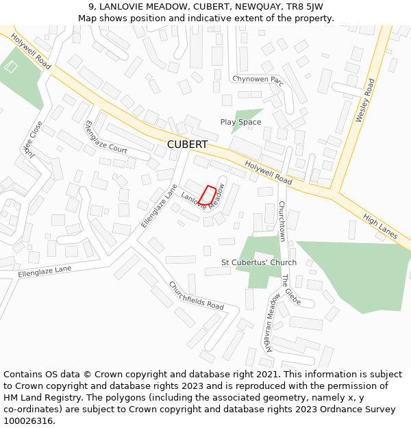 9, LANLOVIE MEADOW, CUBERT, NEWQUAY, TR8 5JW: Location map and indicative extent of plot