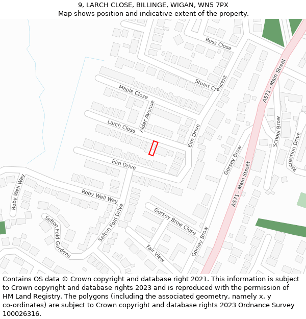 9, LARCH CLOSE, BILLINGE, WIGAN, WN5 7PX: Location map and indicative extent of plot