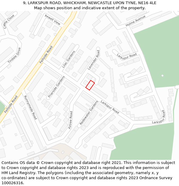 9, LARKSPUR ROAD, WHICKHAM, NEWCASTLE UPON TYNE, NE16 4LE: Location map and indicative extent of plot