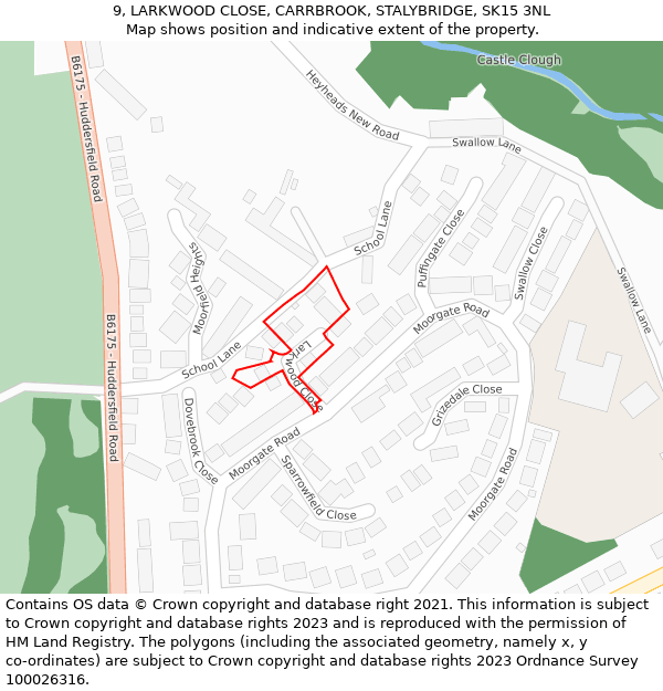 9, LARKWOOD CLOSE, CARRBROOK, STALYBRIDGE, SK15 3NL: Location map and indicative extent of plot