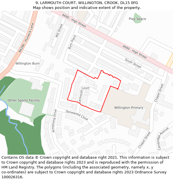 9, LARMOUTH COURT, WILLINGTON, CROOK, DL15 0FG: Location map and indicative extent of plot