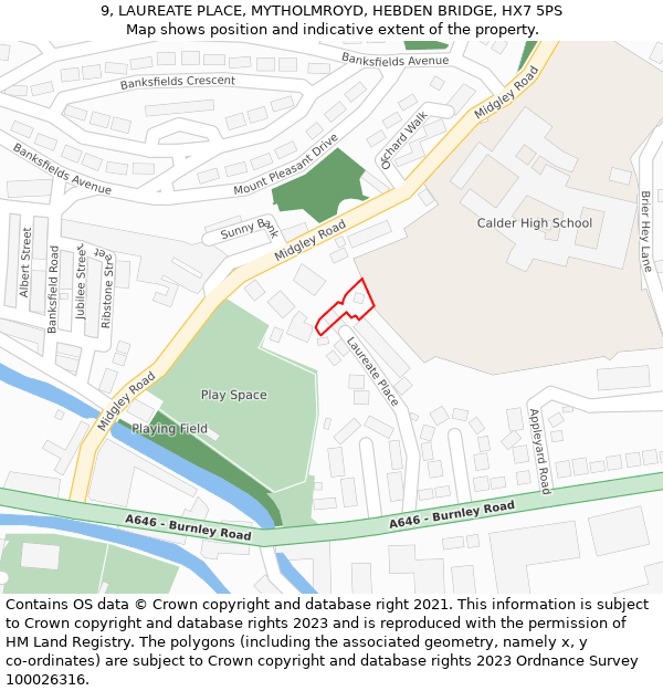 9, LAUREATE PLACE, MYTHOLMROYD, HEBDEN BRIDGE, HX7 5PS: Location map and indicative extent of plot