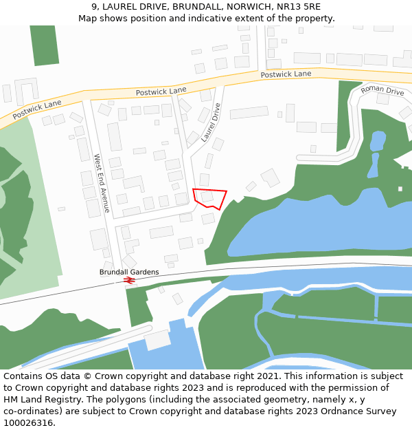 9, LAUREL DRIVE, BRUNDALL, NORWICH, NR13 5RE: Location map and indicative extent of plot