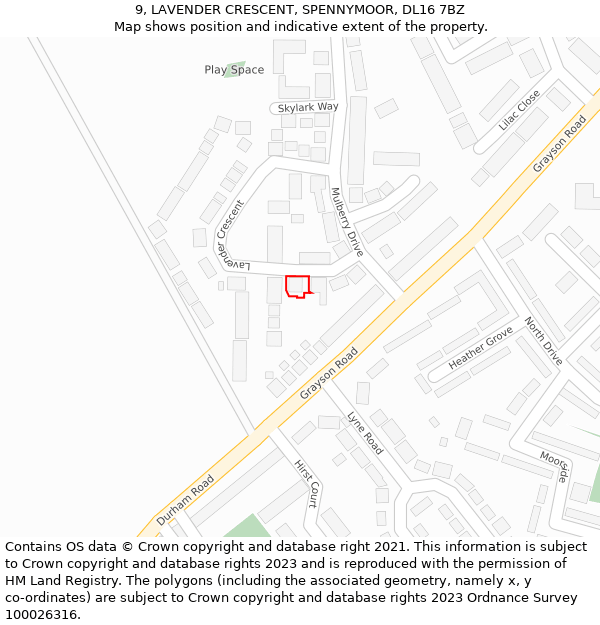 9, LAVENDER CRESCENT, SPENNYMOOR, DL16 7BZ: Location map and indicative extent of plot