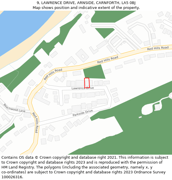 9, LAWRENCE DRIVE, ARNSIDE, CARNFORTH, LA5 0BJ: Location map and indicative extent of plot