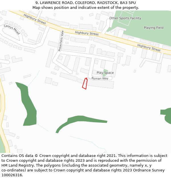 9, LAWRENCE ROAD, COLEFORD, RADSTOCK, BA3 5PU: Location map and indicative extent of plot