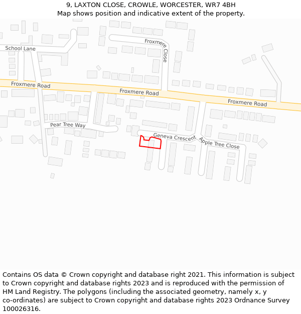 9, LAXTON CLOSE, CROWLE, WORCESTER, WR7 4BH: Location map and indicative extent of plot