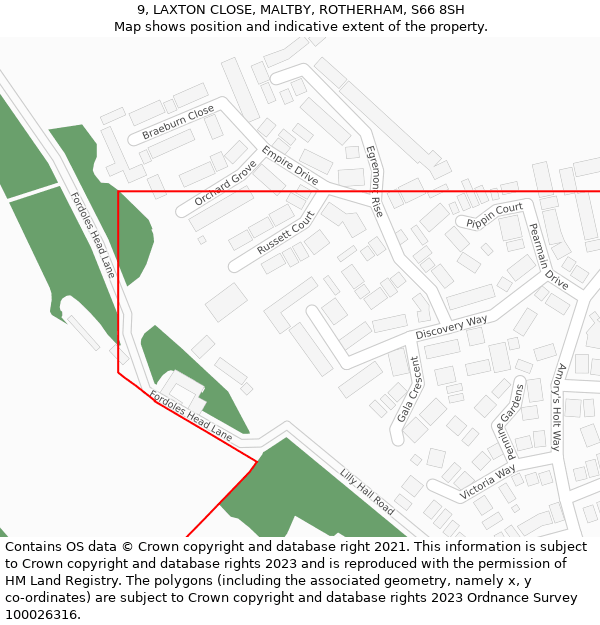 9, LAXTON CLOSE, MALTBY, ROTHERHAM, S66 8SH: Location map and indicative extent of plot