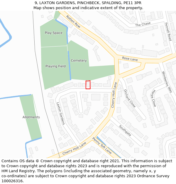 9, LAXTON GARDENS, PINCHBECK, SPALDING, PE11 3PR: Location map and indicative extent of plot