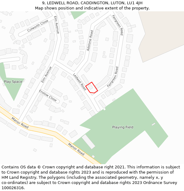9, LEDWELL ROAD, CADDINGTON, LUTON, LU1 4JH: Location map and indicative extent of plot