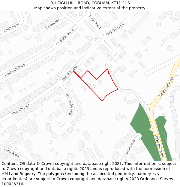 9, LEIGH HILL ROAD, COBHAM, KT11 2HS: Location map and indicative extent of plot