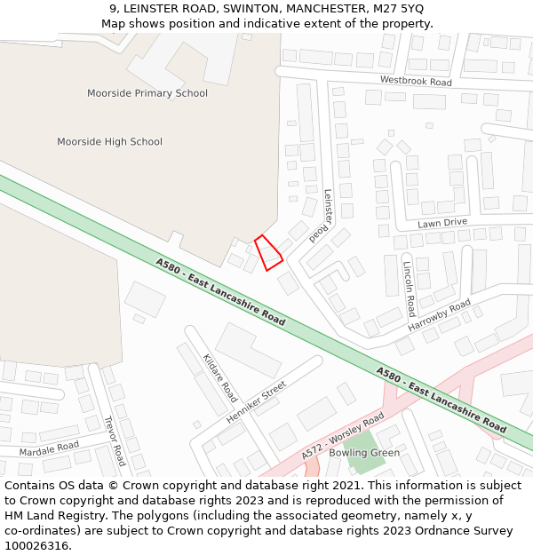 9, LEINSTER ROAD, SWINTON, MANCHESTER, M27 5YQ: Location map and indicative extent of plot