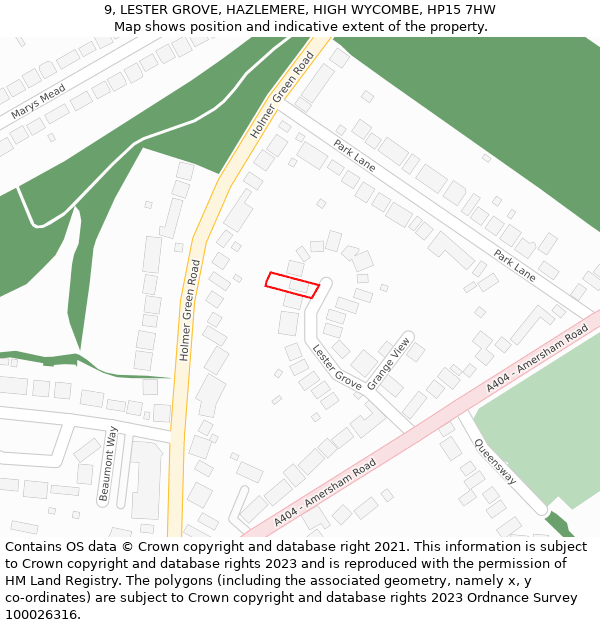 9, LESTER GROVE, HAZLEMERE, HIGH WYCOMBE, HP15 7HW: Location map and indicative extent of plot