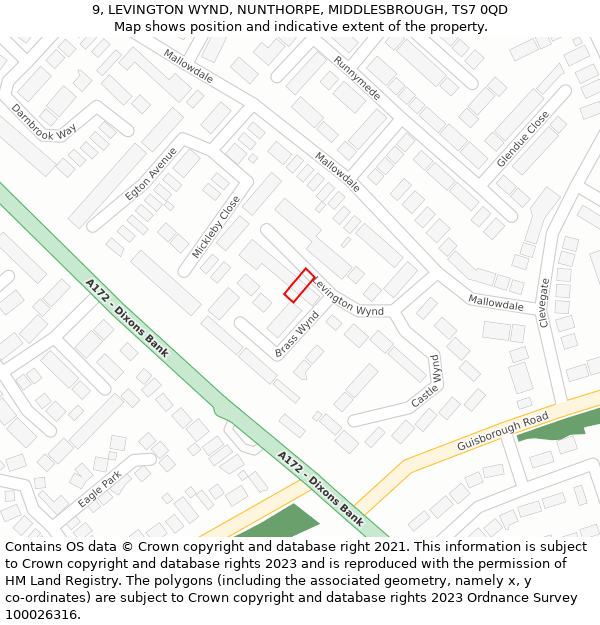 9, LEVINGTON WYND, NUNTHORPE, MIDDLESBROUGH, TS7 0QD: Location map and indicative extent of plot