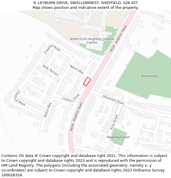 9, LEYBURN DRIVE, SWALLOWNEST, SHEFFIELD, S26 4ST: Location map and indicative extent of plot