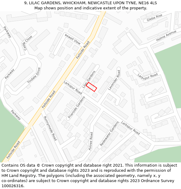 9, LILAC GARDENS, WHICKHAM, NEWCASTLE UPON TYNE, NE16 4LS: Location map and indicative extent of plot