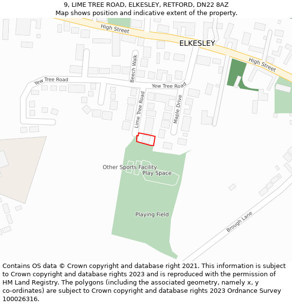 9, LIME TREE ROAD, ELKESLEY, RETFORD, DN22 8AZ: Location map and indicative extent of plot