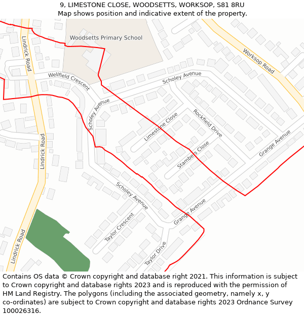 9, LIMESTONE CLOSE, WOODSETTS, WORKSOP, S81 8RU: Location map and indicative extent of plot