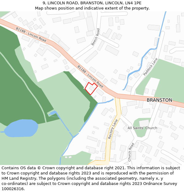 9, LINCOLN ROAD, BRANSTON, LINCOLN, LN4 1PE: Location map and indicative extent of plot