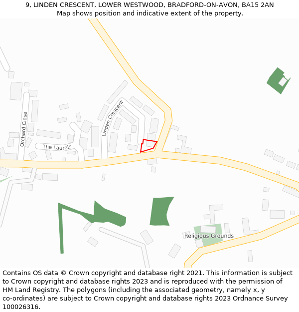 9, LINDEN CRESCENT, LOWER WESTWOOD, BRADFORD-ON-AVON, BA15 2AN: Location map and indicative extent of plot