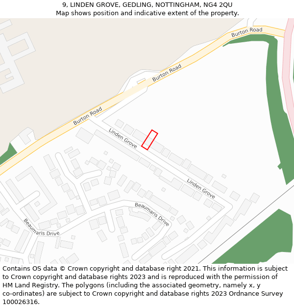 9, LINDEN GROVE, GEDLING, NOTTINGHAM, NG4 2QU: Location map and indicative extent of plot
