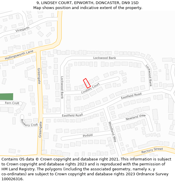 9, LINDSEY COURT, EPWORTH, DONCASTER, DN9 1SD: Location map and indicative extent of plot